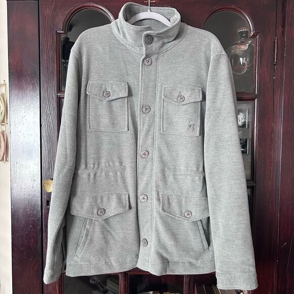 Kane & Unke Gray Waffle Knit Jacket Pockets Lined Zip Button Up Size Large Men’s - Picture 2 of 6